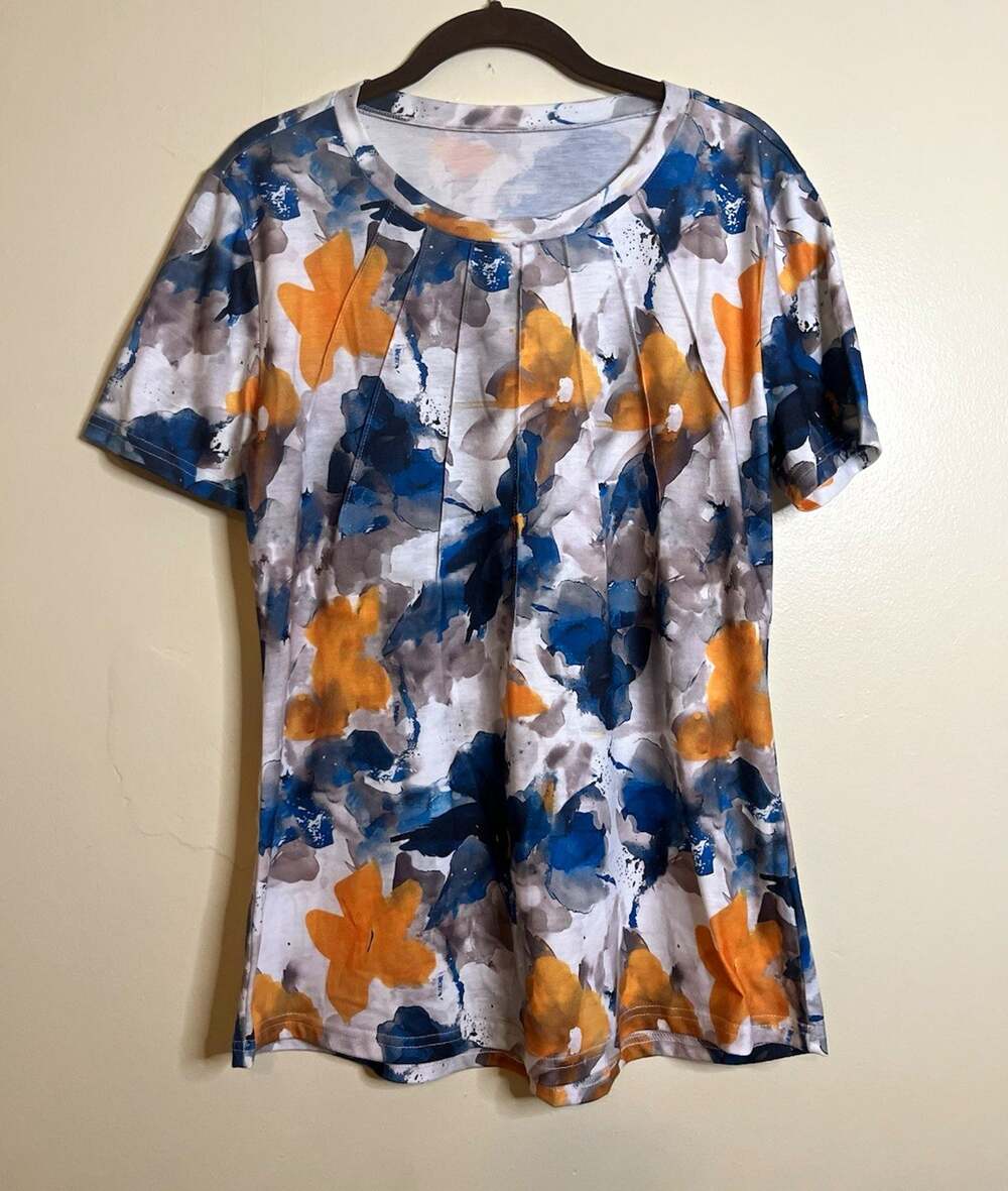 Histore Womens Size Medium T-Shirt Floral Blue Orange Short Sleeve